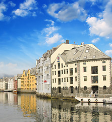 Image showing Small harbor in downtown of Alesund, with Reflections - Norway