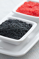 Image showing red and black caviar in bowl