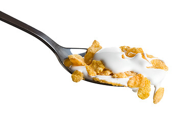 Image showing cornflakes on the spoon with milk 