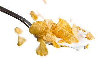 Image showing  falling cornflakes on the spoon with milk 