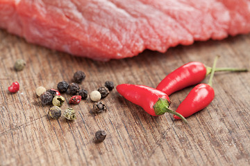 Image showing raw beef steak and chilli pepper