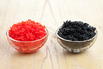 Image showing red and black caviar in bowl