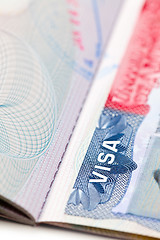 Image showing macro shot of a U.S. visa on passport page 