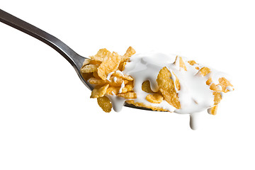 Image showing cornflakes on the spoon with milk 