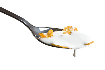 Image showing cornflakes on the spoon with milk 