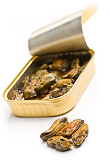 Image showing smoked mussels in opened tin can