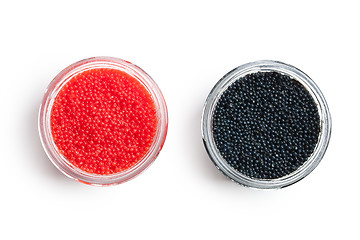 Image showing red and black caviar in glass jars
