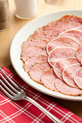 Image showing slices of fresh salami