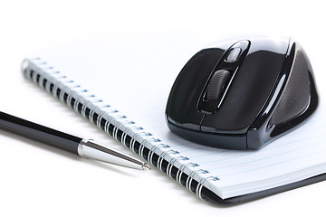 Image showing computer mouse and notebook with pen