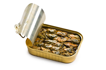 Image showing smoked mussels in opened tin can