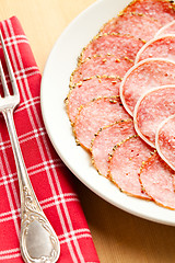 Image showing slices of fresh salami