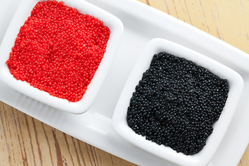 Image showing red and black caviar in bowl