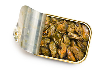 Image showing smoked mussels in opened tin can