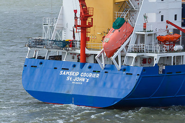 Image showing Rear of Cargo Ship showing lifeboat