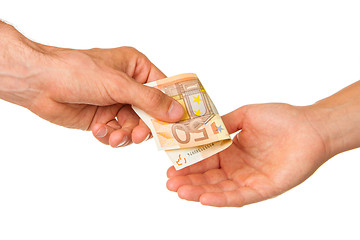 Image showing Man giving 50 euro to a woman