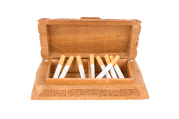 Image showing Cigarettes in handcarved wooden box