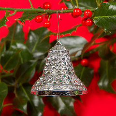 Image showing Old silver bells hanging in Butcher's broom