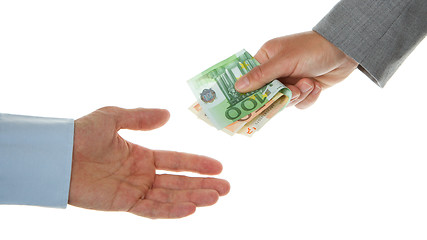 Image showing Woman giving 150 euro to a man (business)