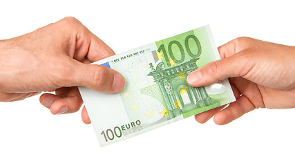 Image showing Man giving 100 euro to a woman