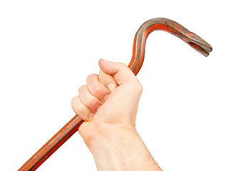 Image showing Hand holding old red crowbar
