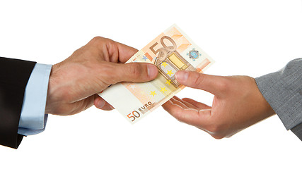 Image showing Man giving 50 euro to a woman (business)