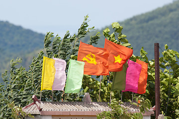 Image showing Flags at the entrance of a Vietnamese school