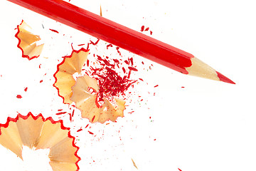 Image showing Red pencil and wood shavings