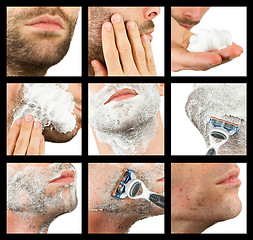 Image showing Close-up of a young man shaving, compilation of nine images