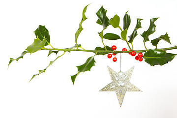 Image showing Very old silver star hanging from a twig (butchers broom)