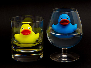 Image showing Blue and yellow rubber duck in glasses