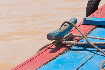 Image showing Mooring rope on a small fishing boat in Vietnam