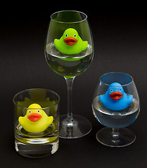 Image showing Green, yellow and blue rubber duck in different glasses