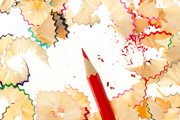 Image showing Red pencil and wood shavings