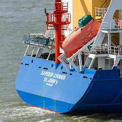 Image showing Rear of Cargo Ship showing lifeboat