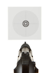 Image showing Handgun aimed on a shooting target 