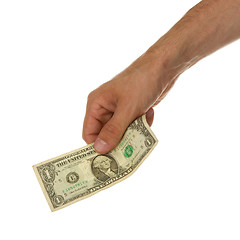 Image showing Man holding a one dollar bill in his hand