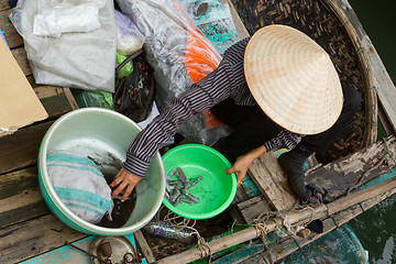 Image showing HA LONG BAY, VIETNAM AUG 10, 2012 - Food seller in boat. Many Vi