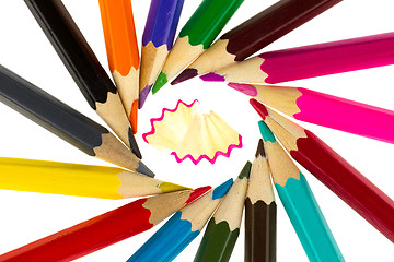 Image showing Multicolored pencils and wood shavings