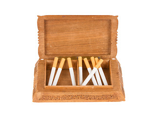 Image showing Cigarettes in handcarved wooden box