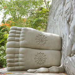 Image showing Feet of a sleeping buddha, decorated with a swastika