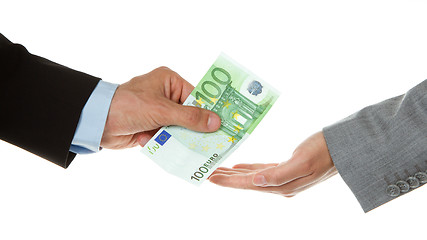 Image showing Man giving 100 euro to a woman (business)