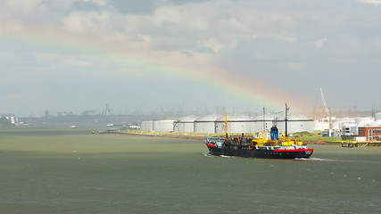 Image showing Small chemical tanker sailing in the port of Rotterdam (Holland)