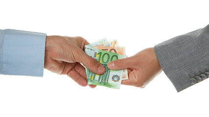 Image showing Man giving 150 euro to a woman (business)