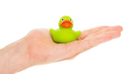 Image showing Green rubber duck on a hand