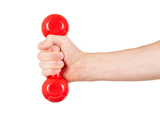 Image showing Red dumbbells in the hands of a man, isolated