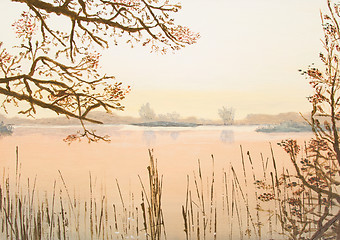 Image showing Original oil painting showing beautiful lake