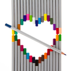 Image showing Many different color pencils, heart