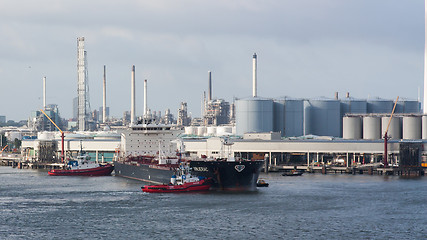 Image showing Two tugboats manoeuvring an oil tanker in the dutch harbor of Ro