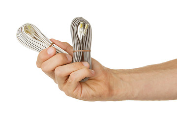 Image showing Speaker cable in a hand, isolated