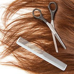 Image showing Brown hair and hairdresser's tools